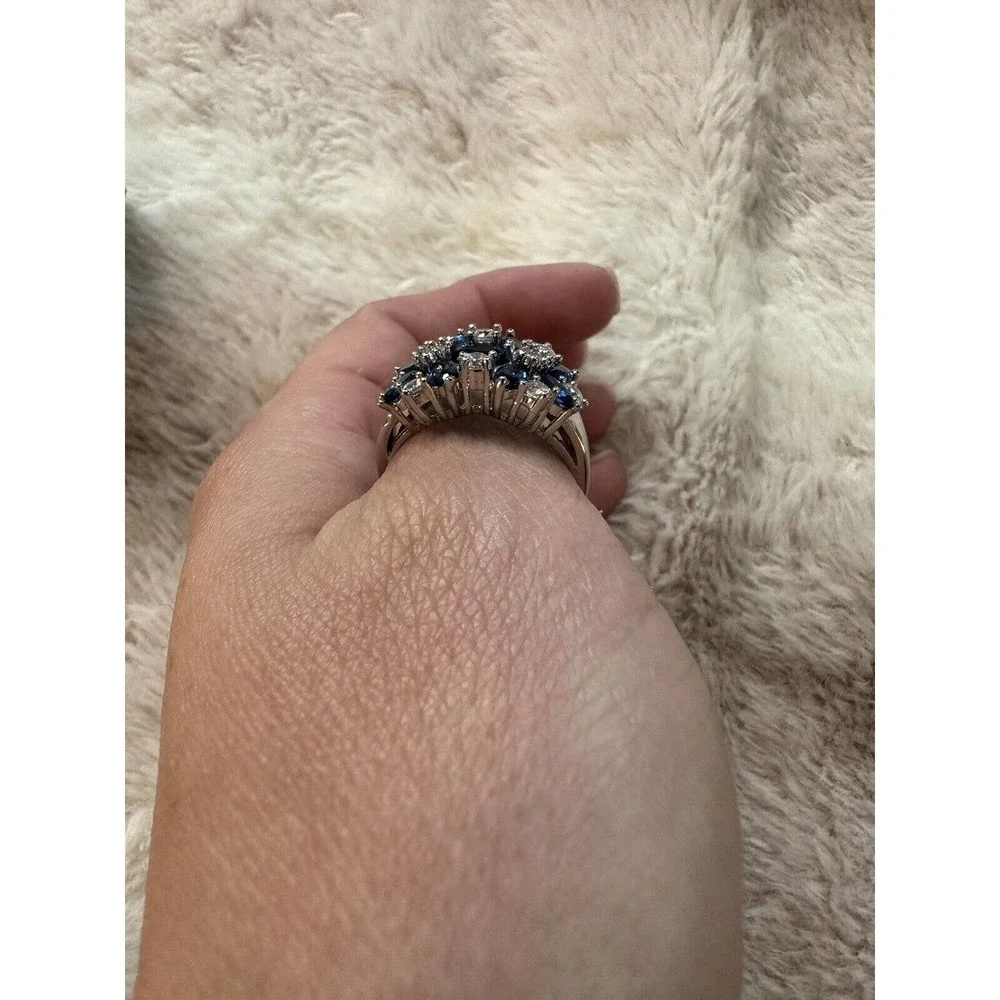 Beautiful Blue Stone & CZ Stone Jeweled Band Sterling Silver Sz 9